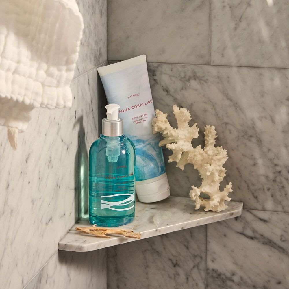 Thymes Aqua Coralline Body Scrub for exfoliation on shower shelf with Thymes Aqua Coralline Hand Wash image number 3